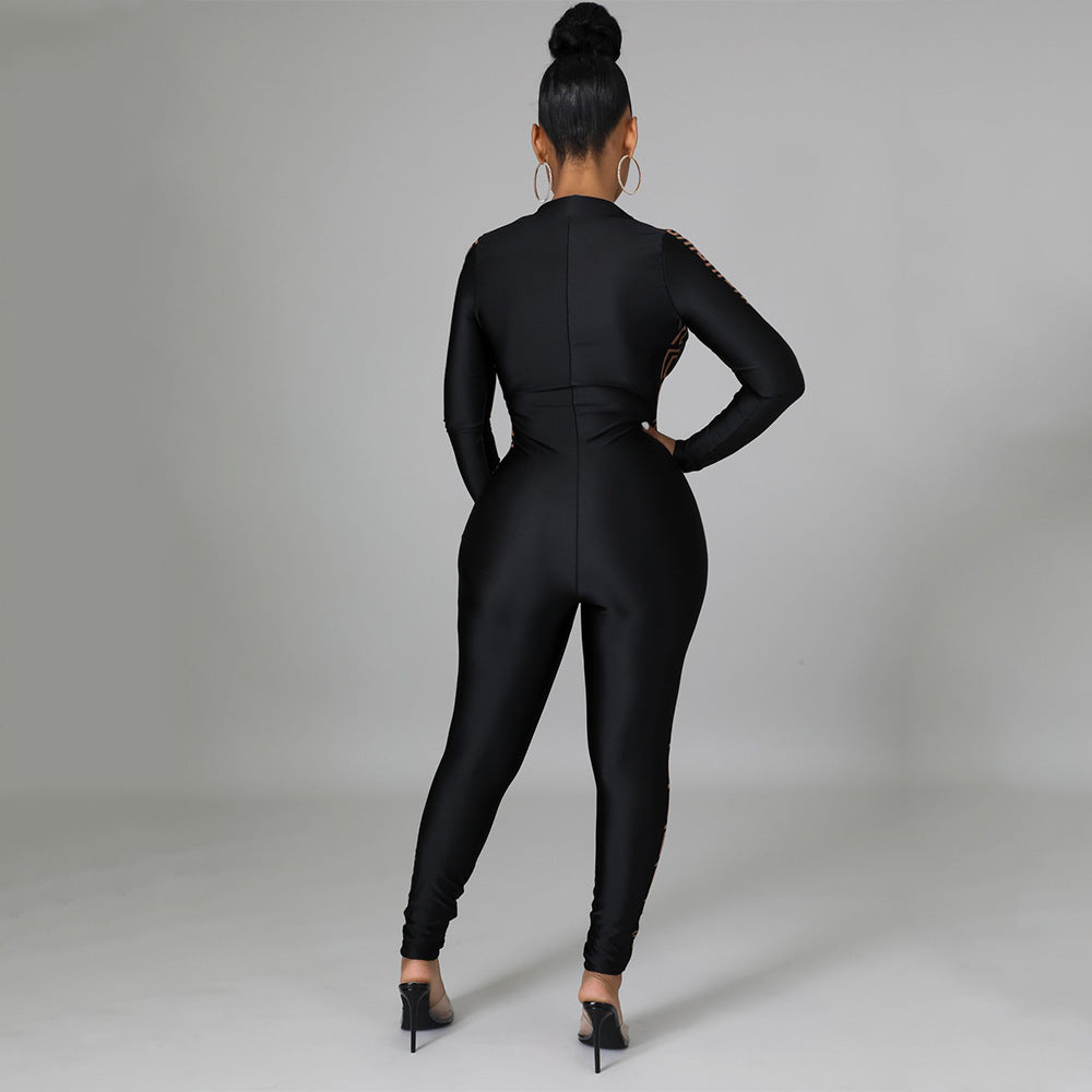 Sexy Mesh Print Stitching Long-Sleeved Jumpsuit