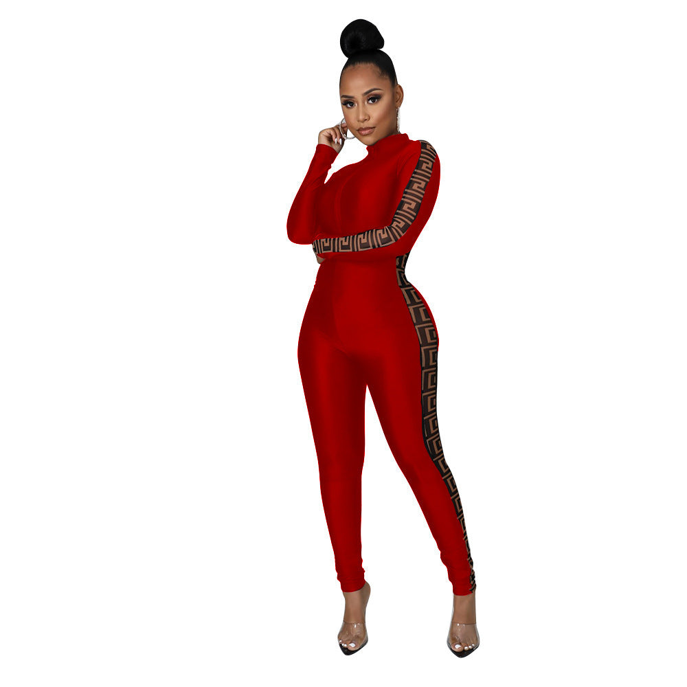 Sexy Mesh Print Stitching Long-Sleeved Jumpsuit