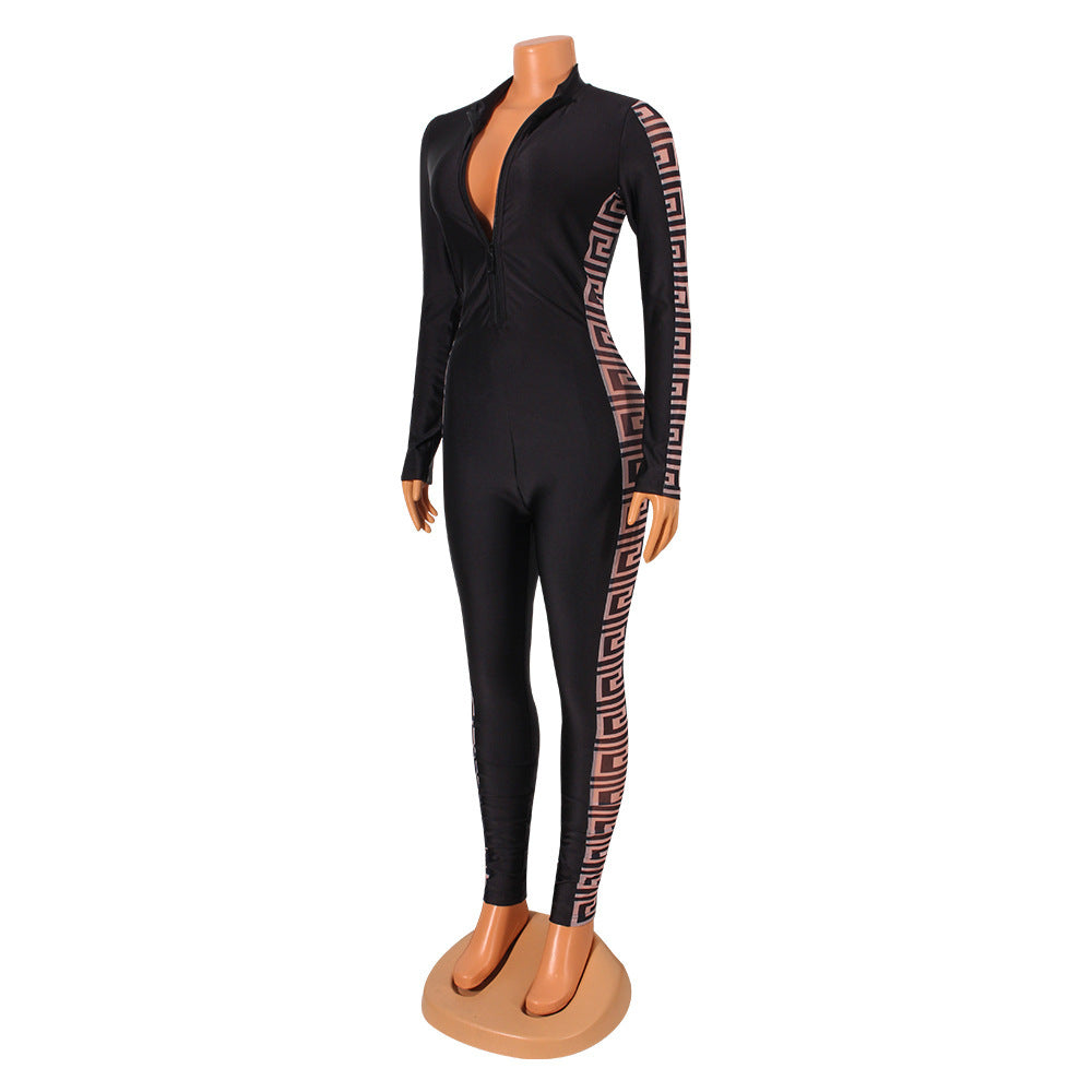 Sexy Mesh Print Stitching Long-Sleeved Jumpsuit