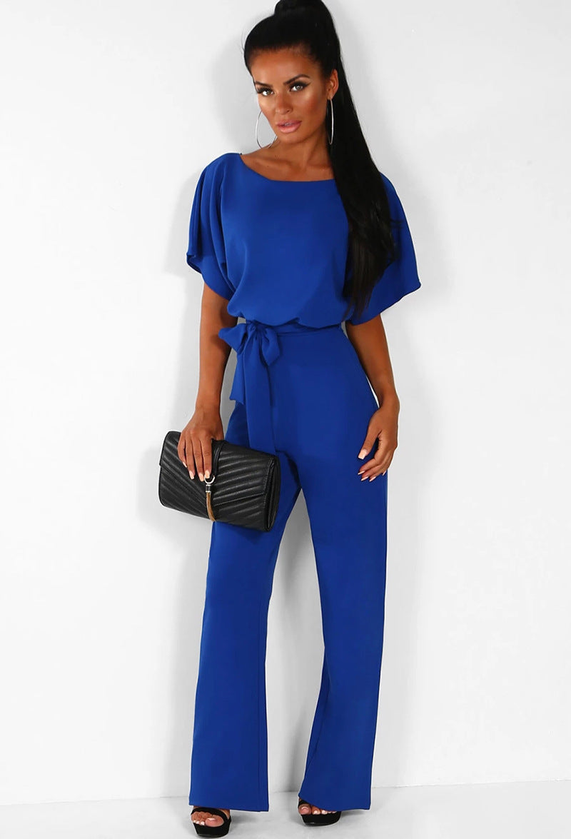 Short sleeve women's jumpsuit with lace button