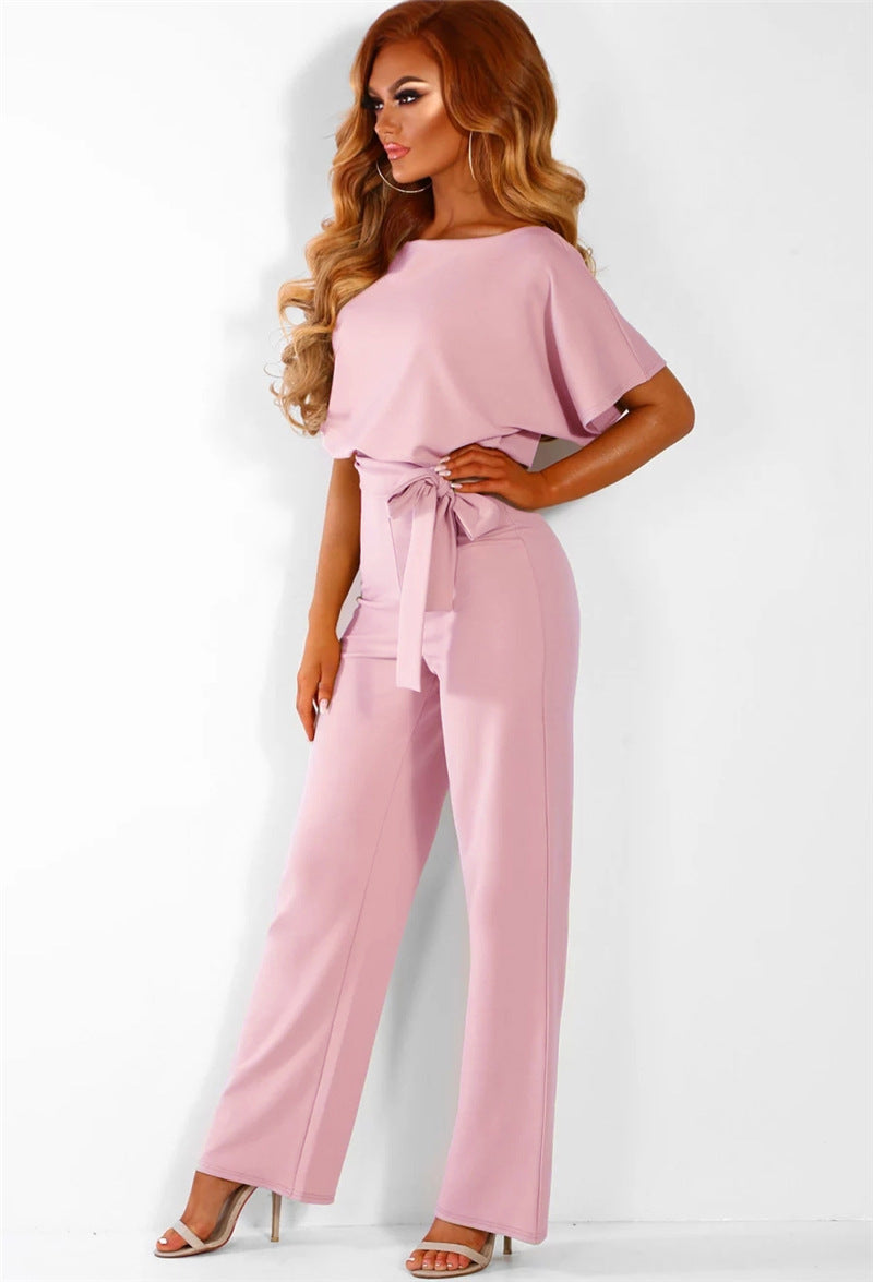 Short sleeve women's jumpsuit with lace button