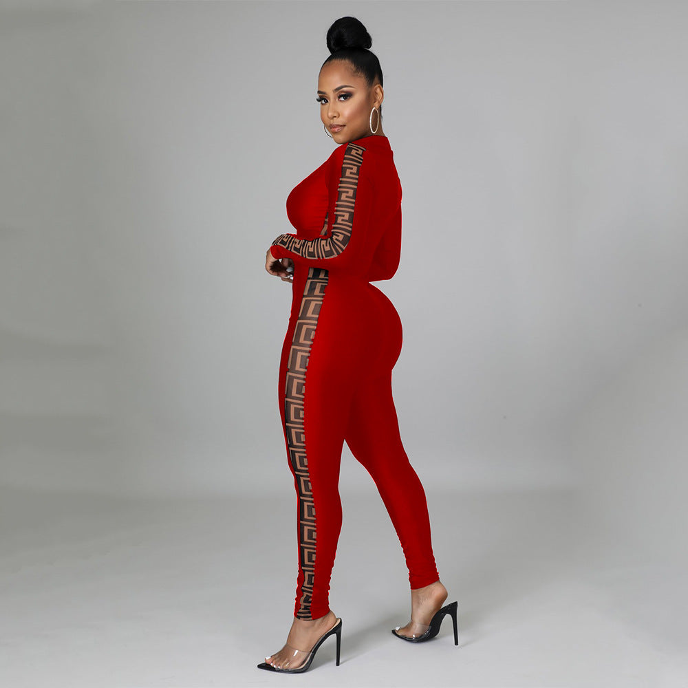 Sexy Mesh Print Stitching Long-Sleeved Jumpsuit