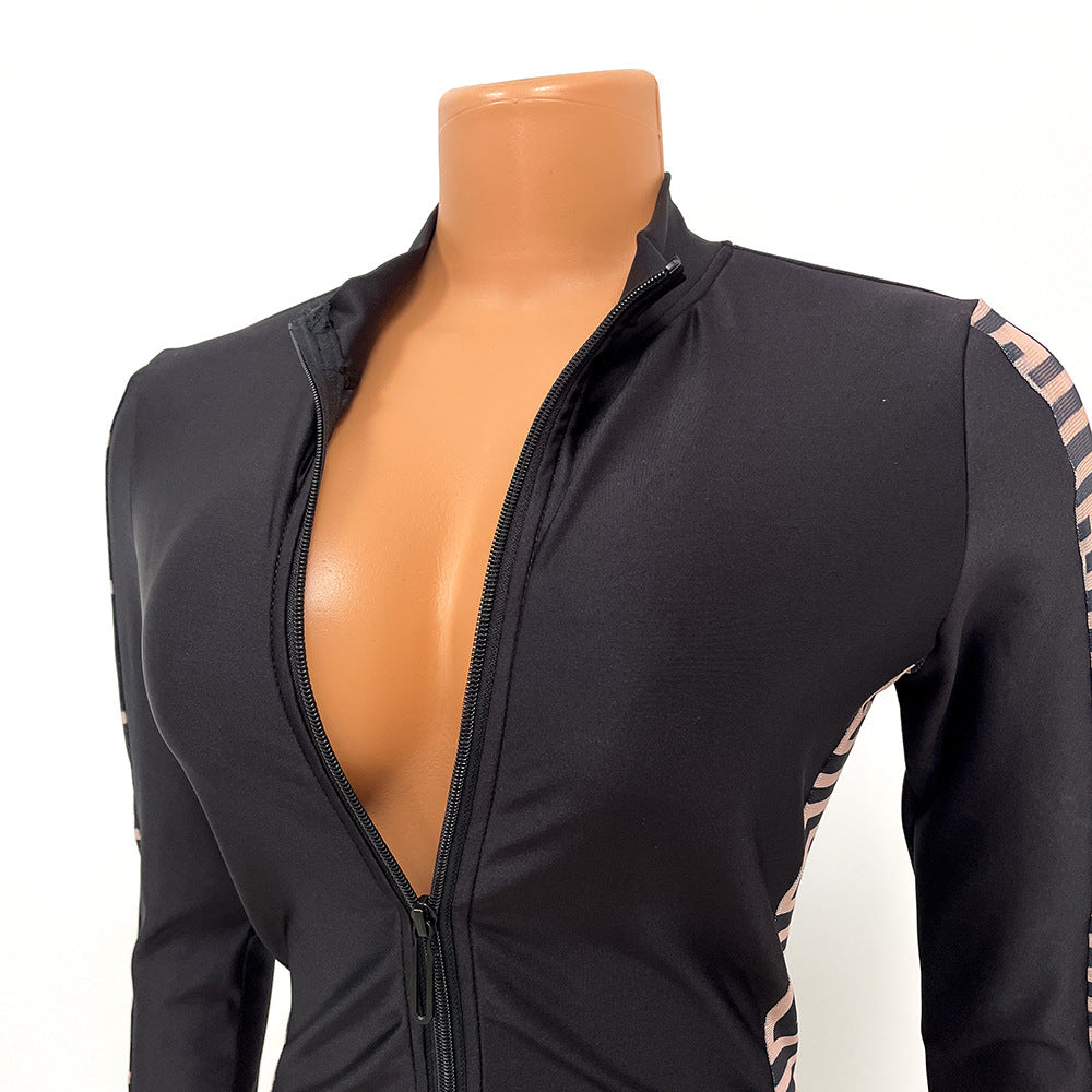 Sexy Mesh Print Stitching Long-Sleeved Jumpsuit