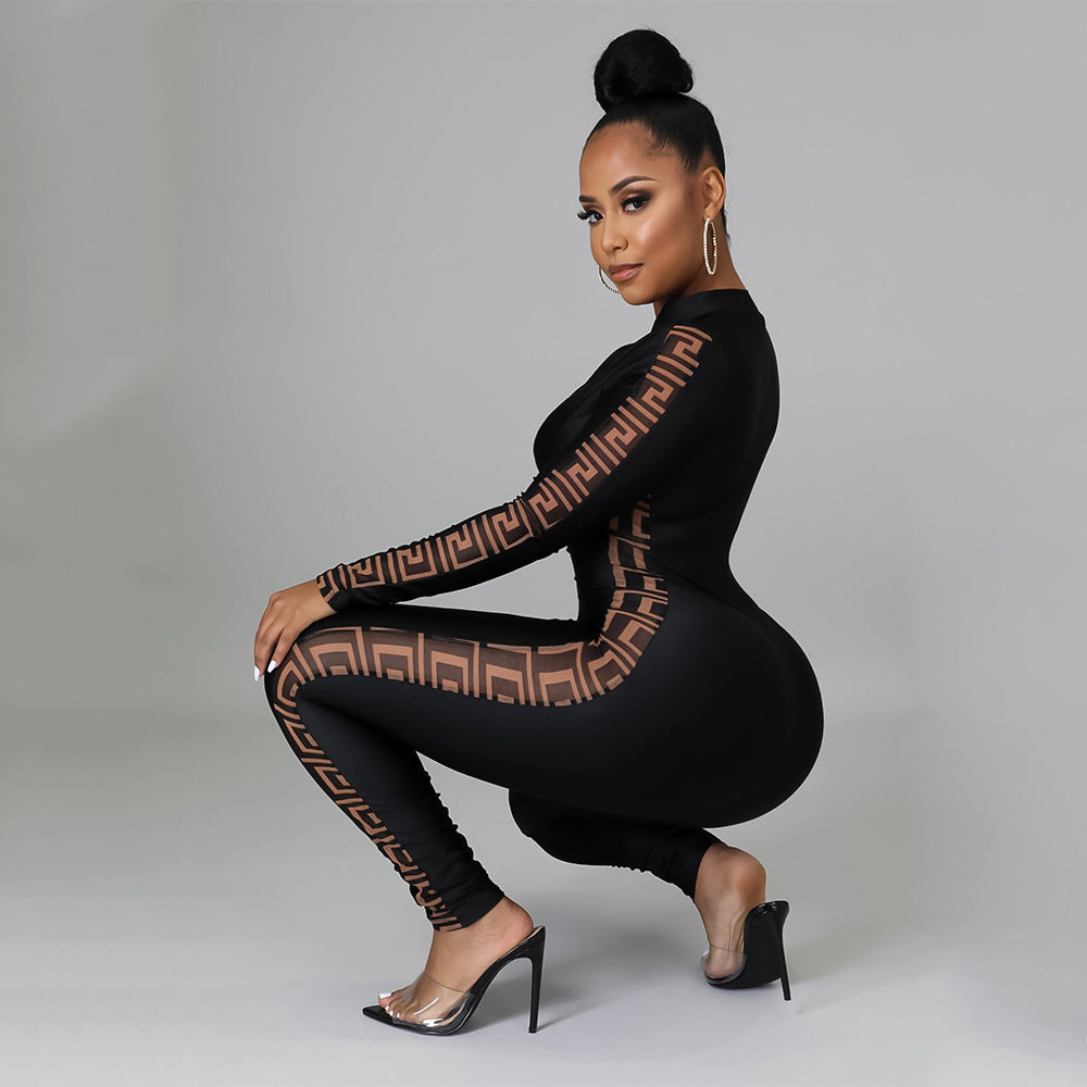 Sexy Mesh Print Stitching Long-Sleeved Jumpsuit