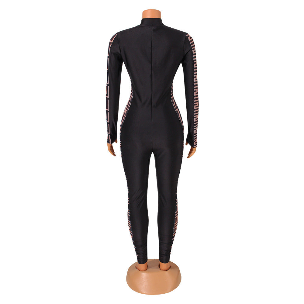 Sexy Mesh Print Stitching Long-Sleeved Jumpsuit