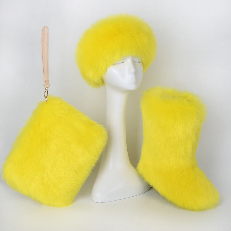 Fur Boots Velvet Padded Plus Size Imitation Fox Fur Fur Women's Snow Boots Three-piece Set