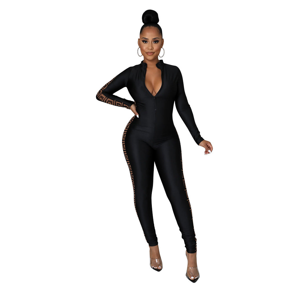 Sexy Mesh Print Stitching Long-Sleeved Jumpsuit