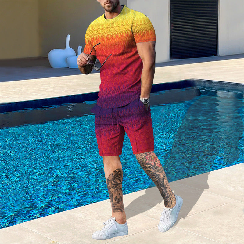 Men's Fashionable Colorful Striped Digital Printed Round Neck Short-sleeved Shorts Suit