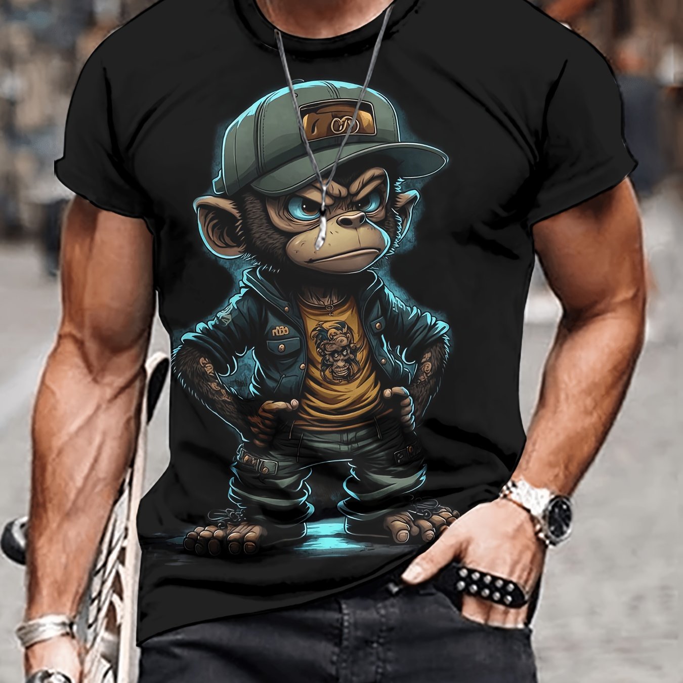 Hip Hop Monkey Print, Men's Graphic Design Round Neck Novel T-shirt, Summer Casual And Comfortable T-shirt, Daily Resort Men's Top